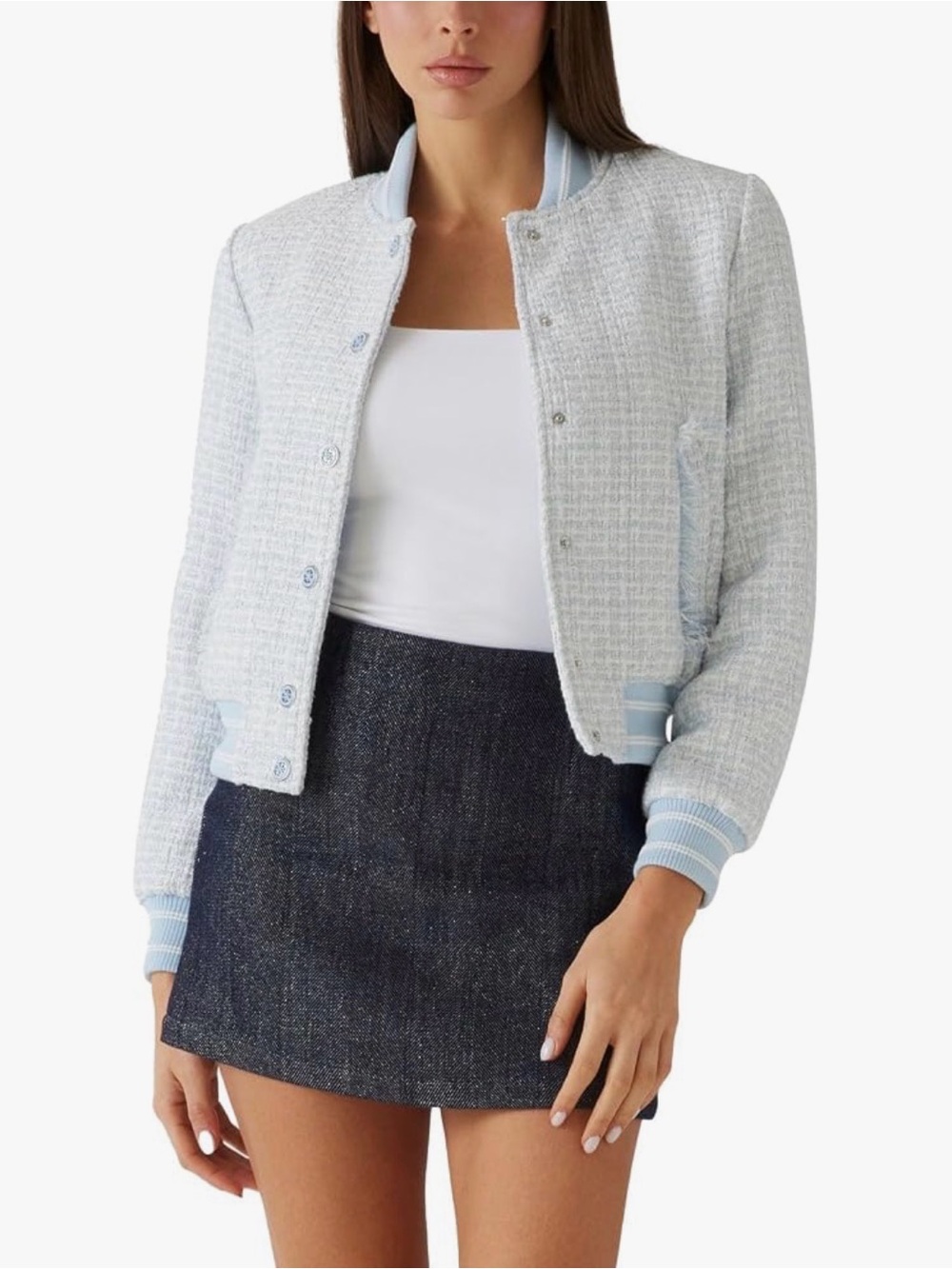 Guess Light Blue Tweed Bomber Jacket